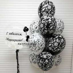шары с орнаментом черно белые+ шар с  перьями и надписью